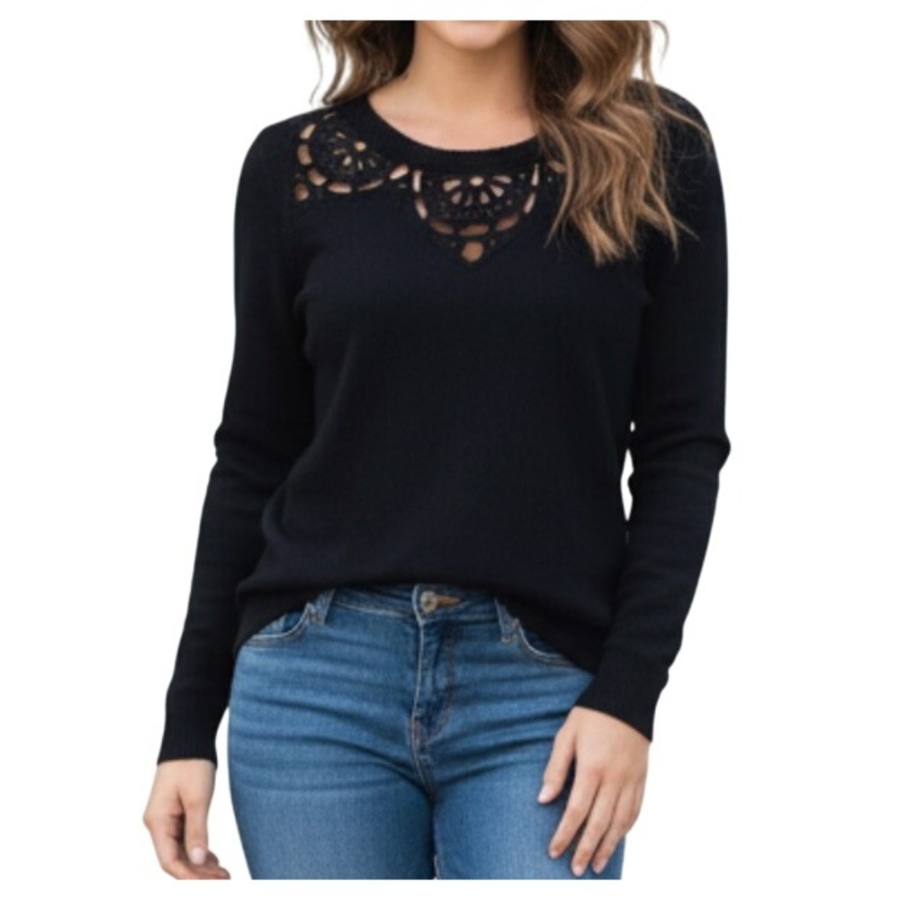 JOIE Black JERSEY KNIT Fleece Backing CUT-OUT DESIGN NECKLINE Sweatshirt/Top S